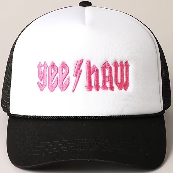 Accessories - White and Black Yee Haw Trucker Hat Pink Embroidery Mesh Back Adjustable NWT